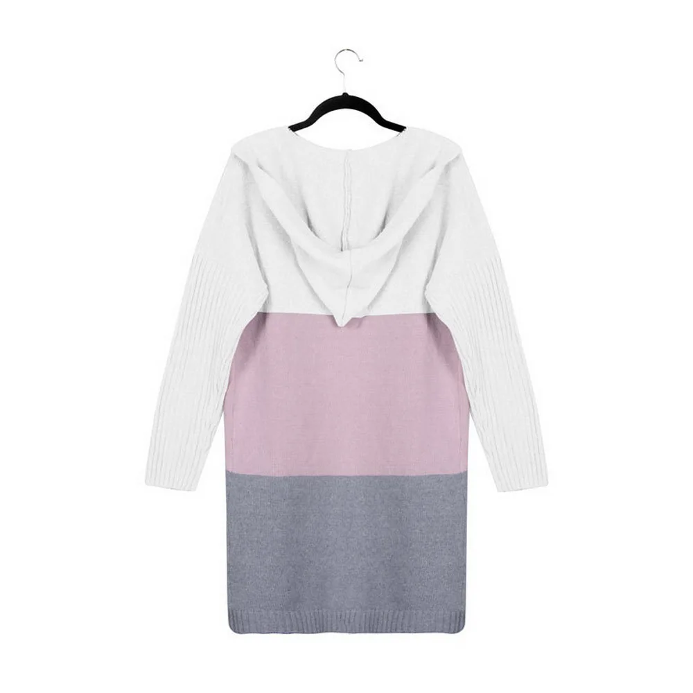 2019 осень Для женщин с капюшоном длинный кардиган свитер в полоску Цвет пальто