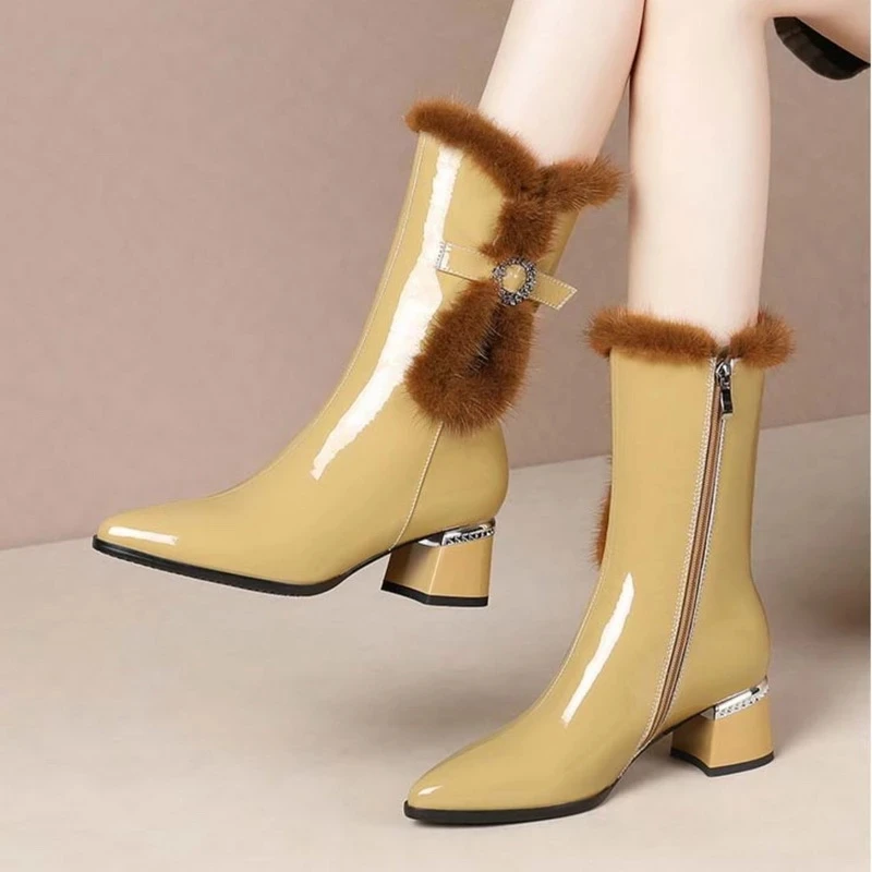 

Women Mid Calf Snow Boots Microfiber Leather 2021 Winter Shoes Rhinestone Buckle Pointed Toe Square Heel Female Footware Yellow