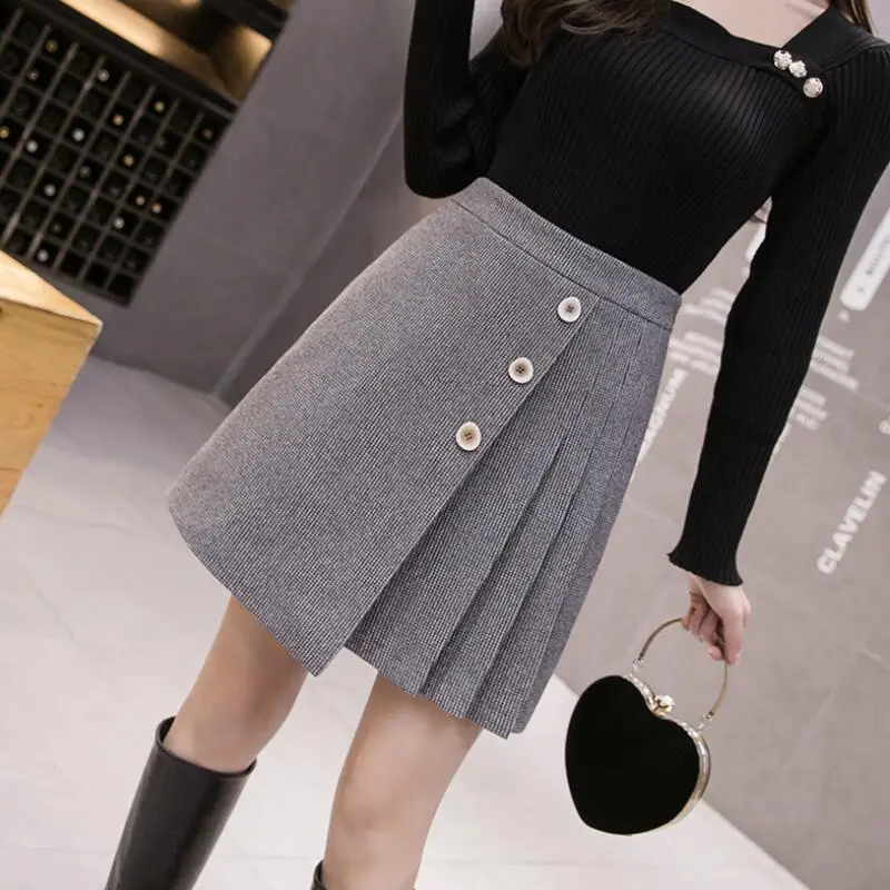 

2021 Women Autumn Winter Irregular Woolen Houndstoot Pleated Skirt Female High Waist Plaid Skirt Breasted Skirts Women S584