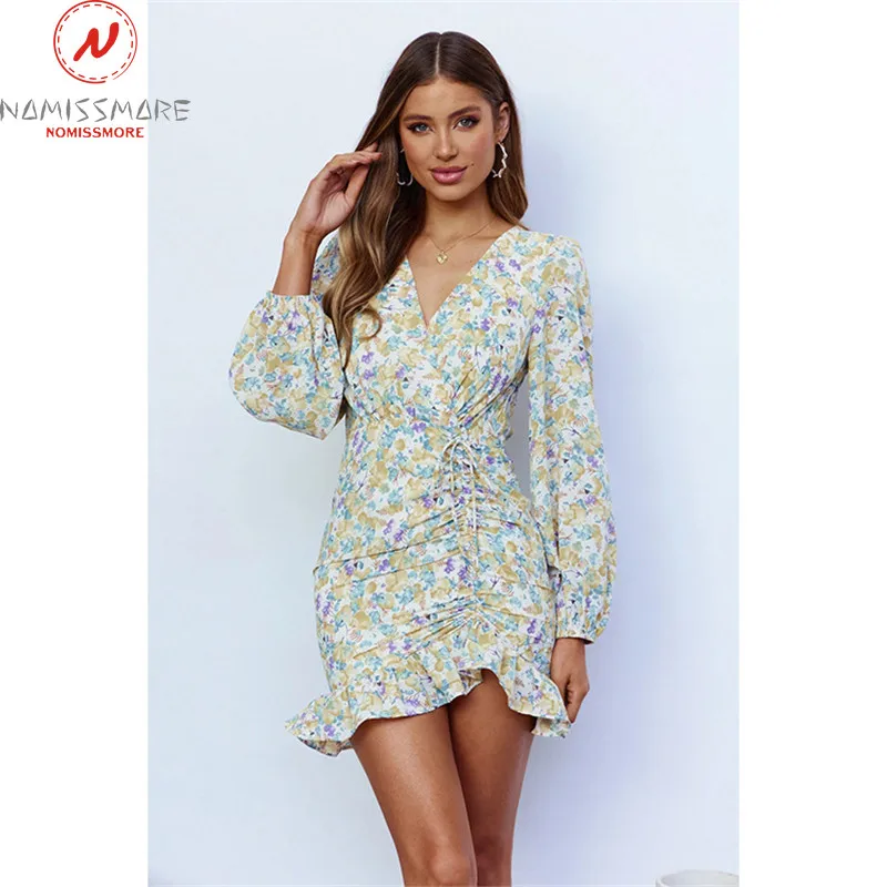 

Women Print Pencil Dress Shrinkage Drawstring Design Ruffles Decor V-Neck Puff Long Sleeve High Waist Slim Hips Mini Dress