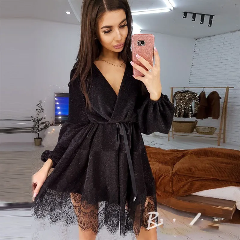 

Women Sashes Lace Patchwork a Line Party Dress Ladies Long Sleeve v Neck Sexy Club Dress New Fashion Bright Shiny Dress