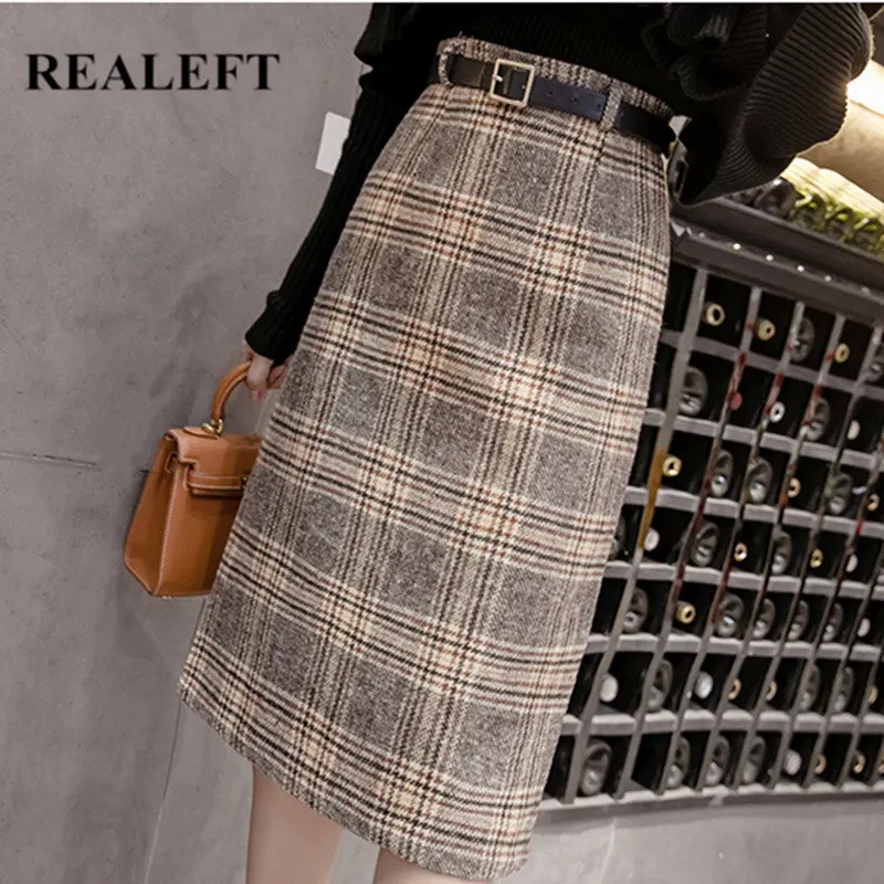 Женские шерстяные юбки-карандаш REALEFT винтажные средней длины в клетку с высокой
