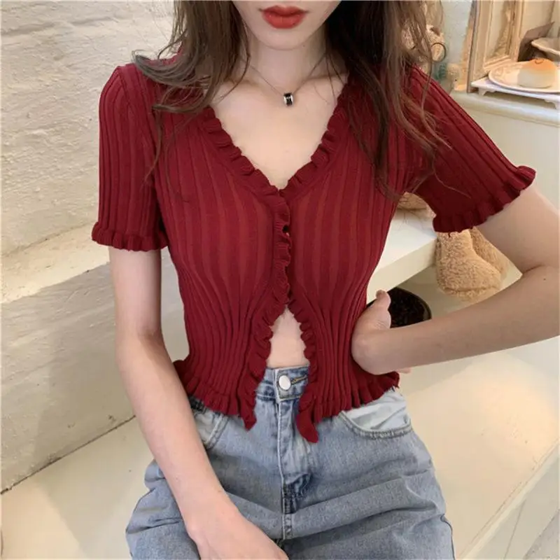 

Korean Summer Casual Short Sleeve Ruffles Cardigan Women Sexy Open Buttons V neck Cropped Sweater