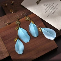 new summer bohemian blue feather long earrings danglers ethnic sun shaped retro palace antique tassel indian earrings for women