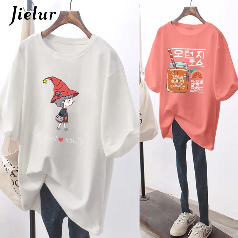 

Jielur Summer Cartoon Print T-shirt M-5XL Size Basic Fashion 6 Color Cotton T-shirts Top Short Sleeve O-Neck Tee Shirt Women