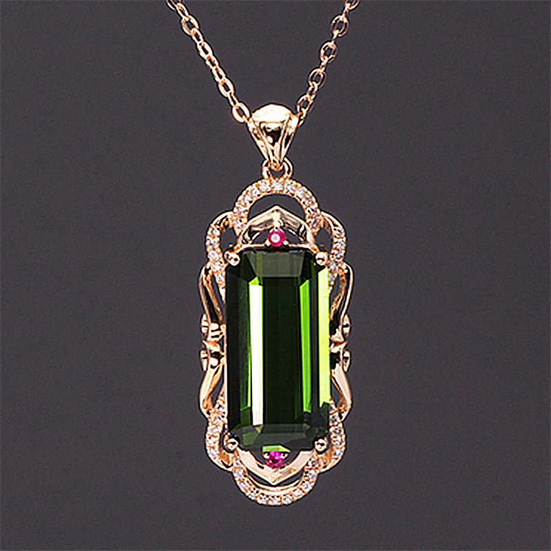 

Brazil Rich Green Tourmaline Gem Pendant Diamond Zircon Baguette Pendant Necklace Goth Choker Women's Neck Chain Jewelry Vintage
