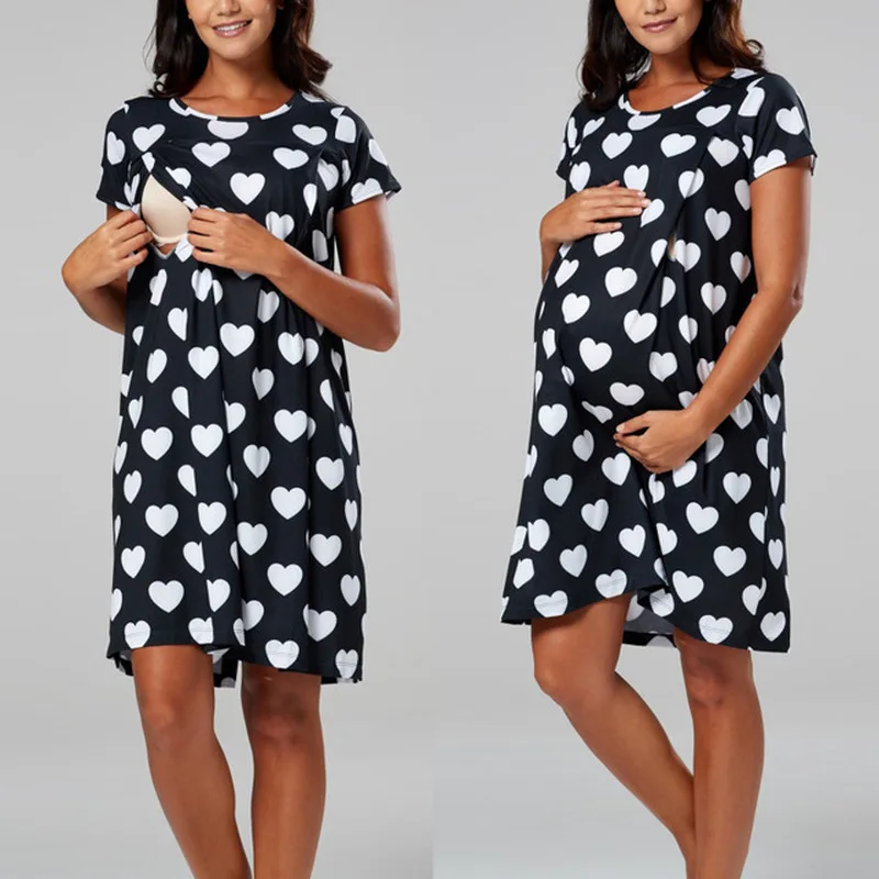 Popular Dot Printing Pregnant Dress Short Sleeve Boat Neck Maternity Dresses Casual Simple Nursing Breastfeeding | Мать и ребенок