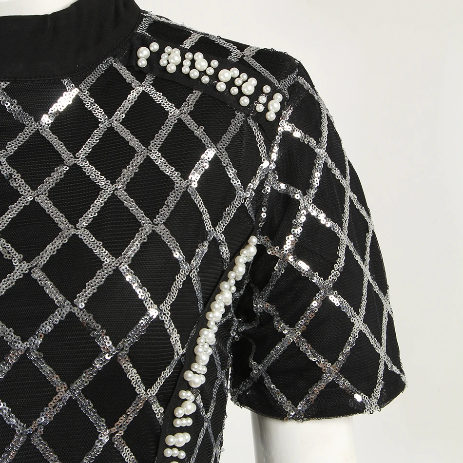 Модное женское платье с блестками и бусинами облегающее мини круглым вырезом