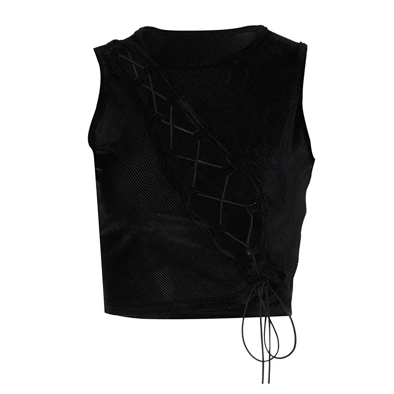 

Knitted Tank Black Crop Top Women Korean Fashion Sexy See-Through Hollow Bandage Goth Cropped Party Club Bustier Streetwear Girl