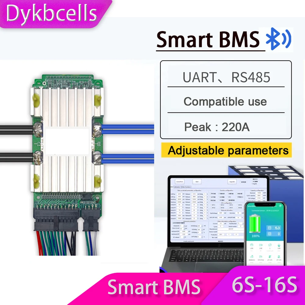 Dykbcells 6S TO 16S smart BMS 60A 80A 120A 18650 LifePo4 Li-ion Lithium Protection Board APP 7S 8S 10S 13S 14S 12V 24V 36V 48V
