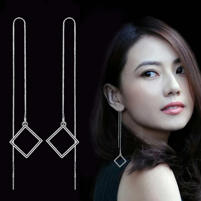 

925 Sterling Silver Woman New Simple Fashion Jewelry Simple Square Triangle Geometry Naturally Long Paragraph Earrings