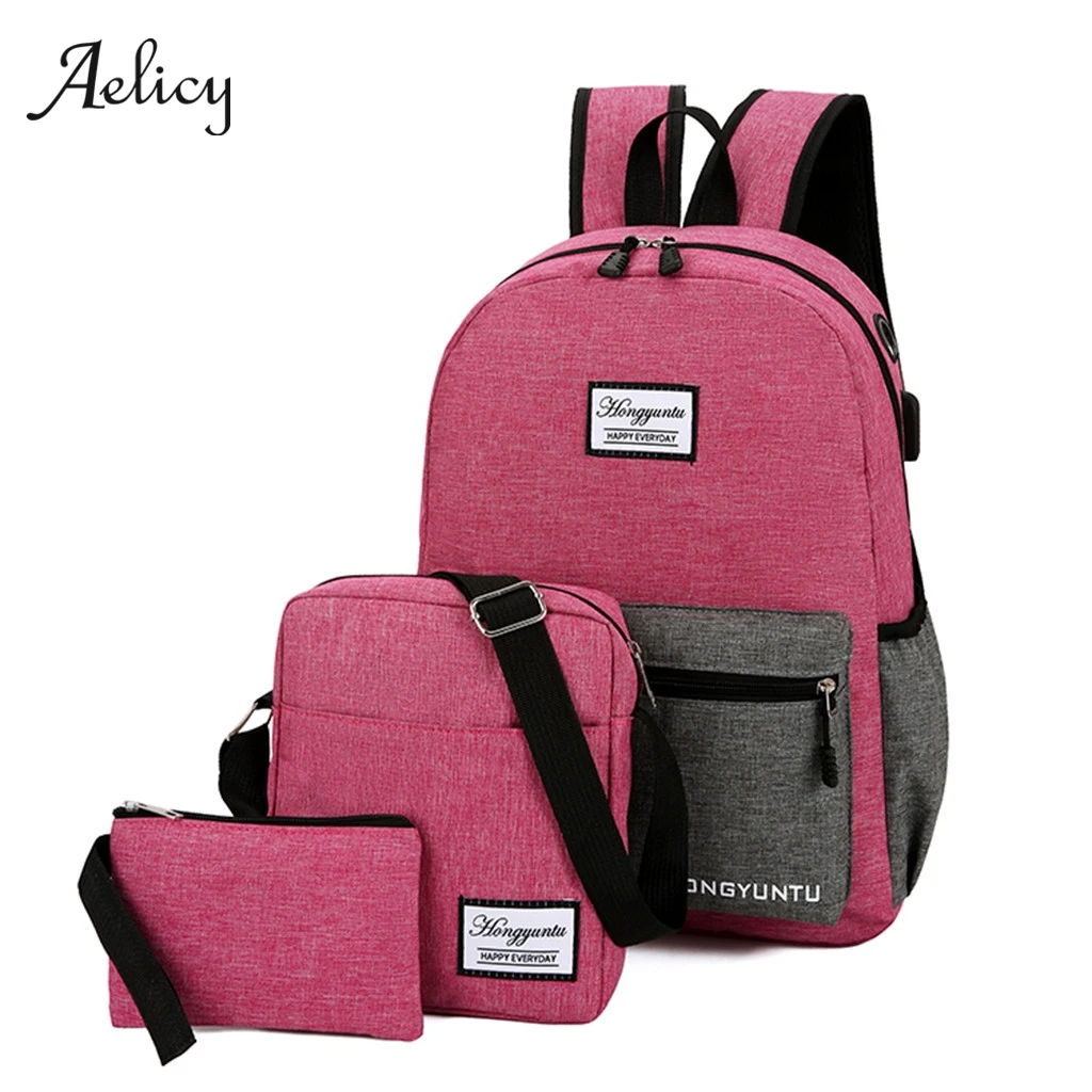 Aelicy зарядка через USB холст рюкзак 3 шт./компл. Для женщин школьные женские сумки