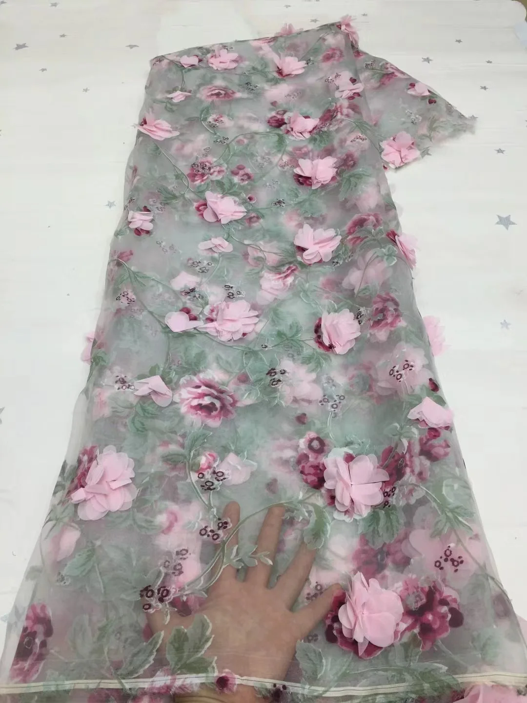 

2021 Hot Sale African Lace Fabric High Quality Organza Nigeria 3D Flowers Embroidery French Tulle Mesh Lace Fabric For Bridal