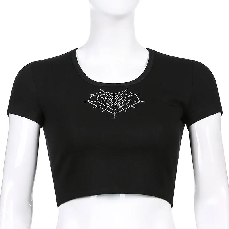 

2021 Rhinestones Black Skinny T-shirt Y2K Hot Drilling Short Sleeve Cotton Crop Top Harajuku Streetwear Women Summer Clothes
