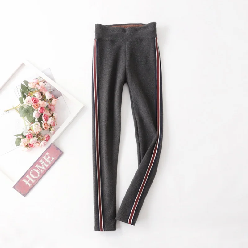 Dgray NORMOV Womens Winter Cotton Leggings Warm Velvet Fleece High Waist Workout Side Striped Sexy Casual Solid Color Leggings - Color: Dgray