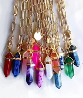 10pcslot natural crystal gemstones hexagonal point pendant metal chains necklace fashion women gold metal rock handmade jewelry