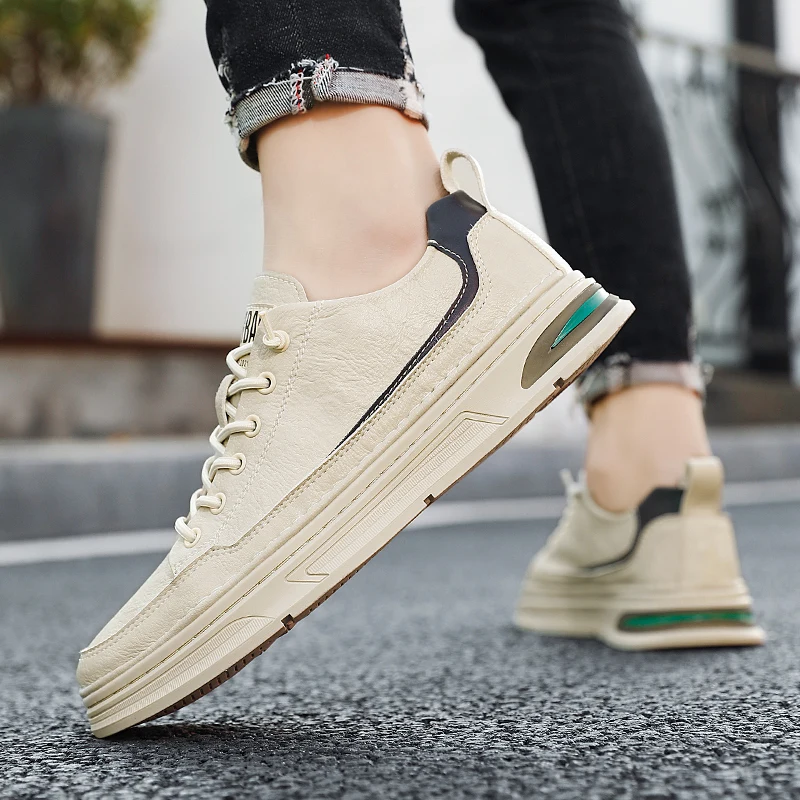 

2021 Popular Men Fashion Sneakers Black Beige Leather Sneakers For Mens Comfortable Walking Shoe Brand Men Youth Casual Shoes