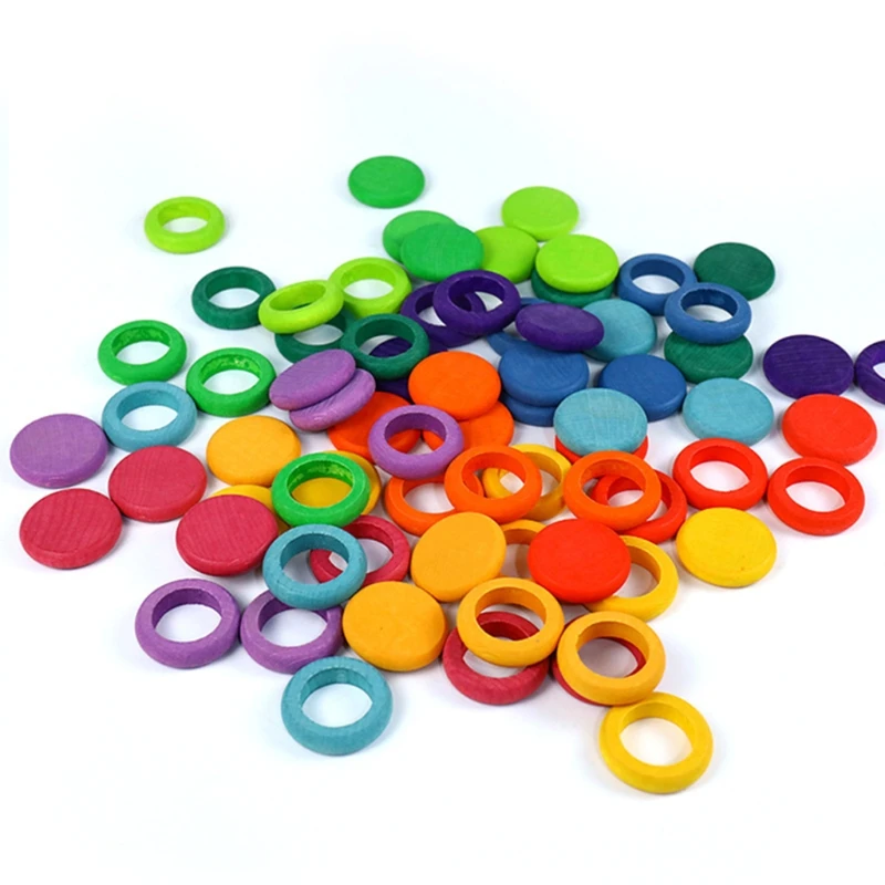 

G2AD 72Pcs/Set Children Wooden Rainbow Round Ring Stacking Game Building Block Kids Gifts Creative Educational Toys