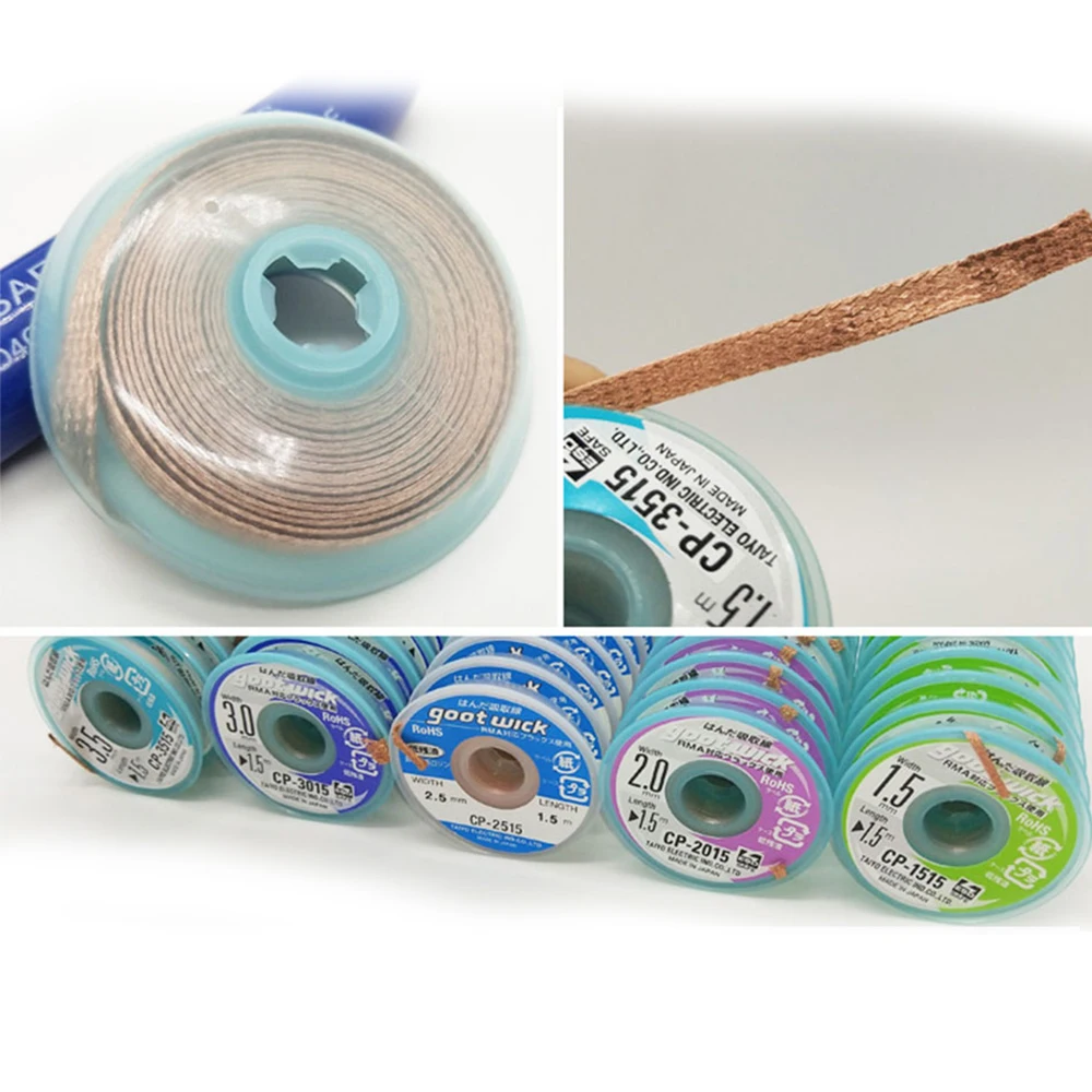 

Desoldering Wick Braid Welding Solder Remover Wick Wire Lead Cord 1.5mm2mm 2.5mm 3mm 3.5mm Width 1.5M Length BGA PCB Repair Tool