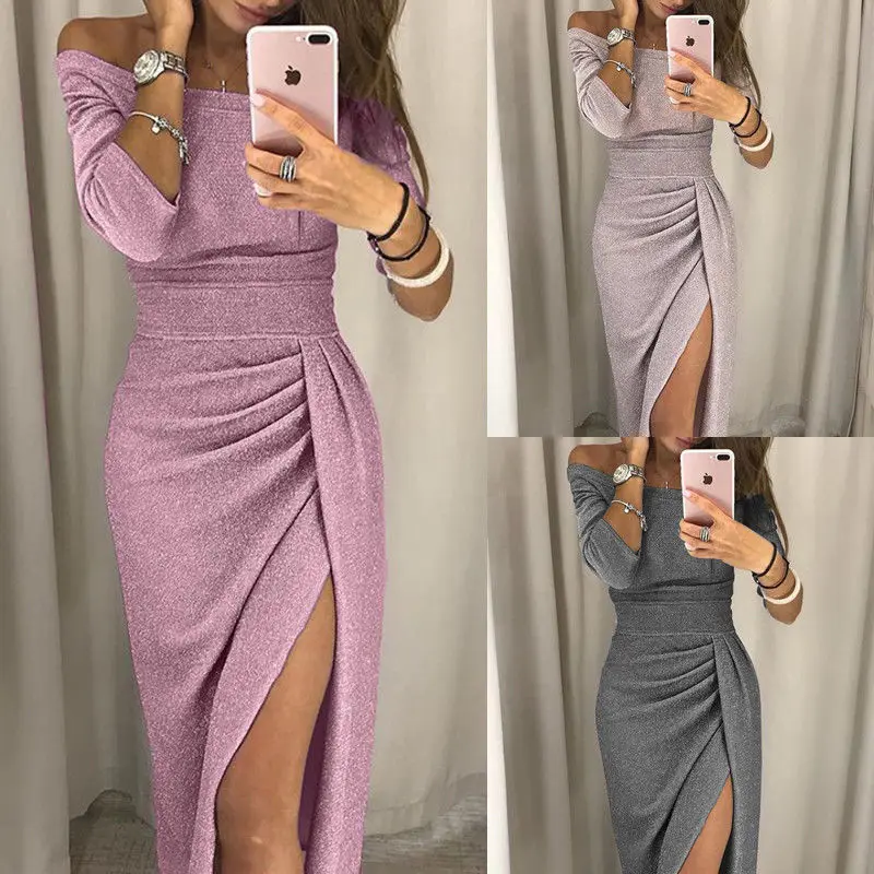 2019 женское облегающее платье с открытыми плечами макси разрезом вечерние платья