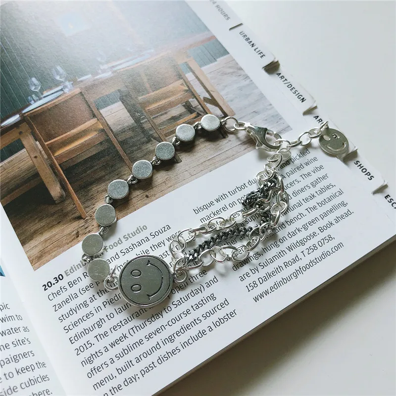 

POFUNUO 925 Sterling Silver Korean Style Women Fashion Smiling Face Bracelets Girls Personalized Original Curb Chain Bracelets