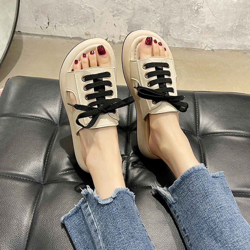 

Low Flat Shoes Female Slippers Casual Slides Platform Loafers Lady Luxury Soft Girl Rubber Cross-tied Fashion PU Basic Shoes Wom