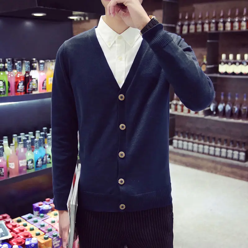 

Men's Spring and Autumn Knitwear Long Sleeve Cardigan Solid Color V-Neck Sweater Korean Trend Slim Men's Coat Sweater