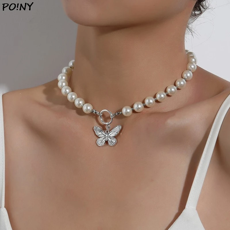 

Pearl Bead Chain Necklaces Butterfly Pendant Necklace For Women Fashion Short Choker Necklace Neck Colar Jewelry Party Gift