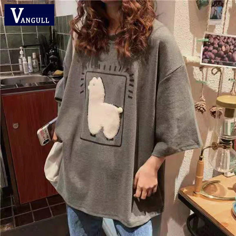 

Vangull Alpaca Top mid-Sleeve T-Shirt Harajuku Style Wild Loose Cotton Trendy Women's Top 2021 New Summer Bottoming Female Shirt