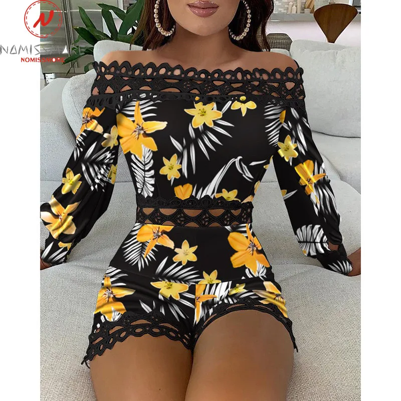 

Sexy Women Print Playsuits Hollow Out Design Lace Zipper Decor See Through Slash Neck Long Sleeve Mid Waist Slim Hips Jumpsuits