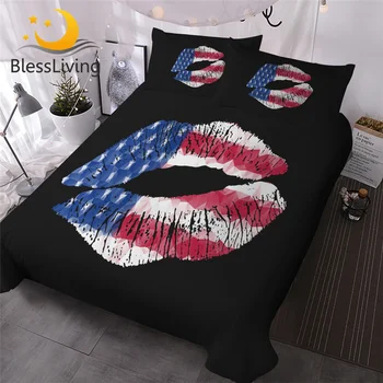 BlessLiving Stylish Lips Bedding Set American Flag Duvet Cover With Pillowcases 3pcs Golden Glitter Trendy Chic Comforter Cover 1