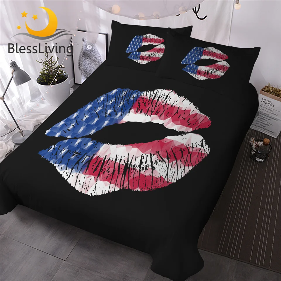 BlessLiving Stylish Lips Bedding Set American Flag Duvet Cover With Pillowcases 3pcs Golden Glitter Trendy Chic Comforter | Дом и сад