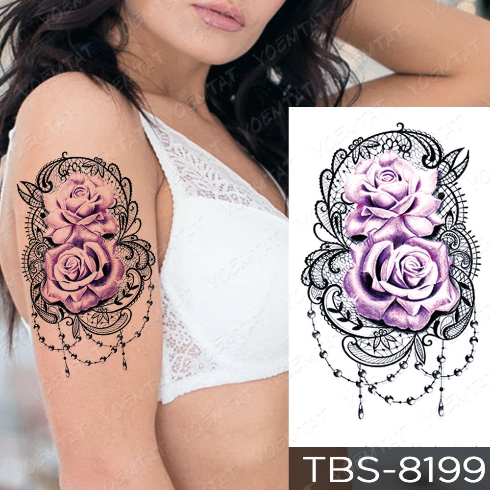 

Purple Rose Jewelry Water Transfer Tattoo Stickers Women Body Chest Art Temporary Tattoo Girl Waist Bracelet Flash Tatoos Flower