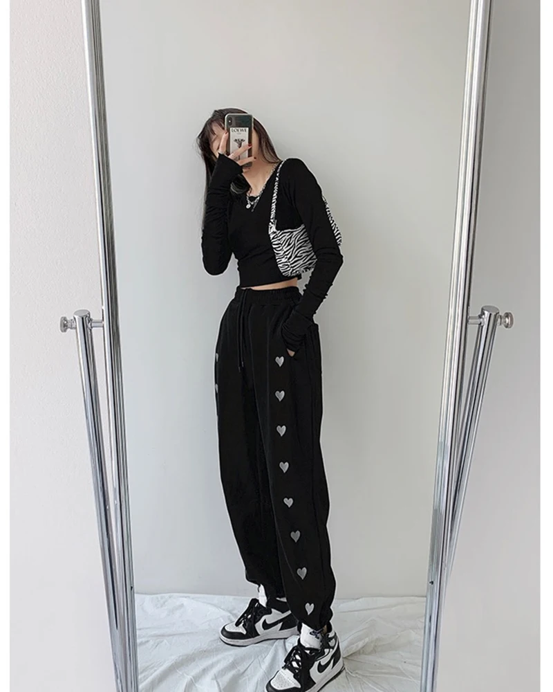 

Jogger sweatpants ladies elastic waist street wear loose casual hip-hop pants wide-legged high-waist thinner Harajuku overalls