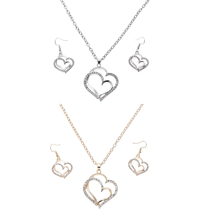 

Double Heart Pendant Jewelry Set Love Shape Earrings Necklace Women Fashion Wedding Jewelry Accessories Valentine's Day Gift
