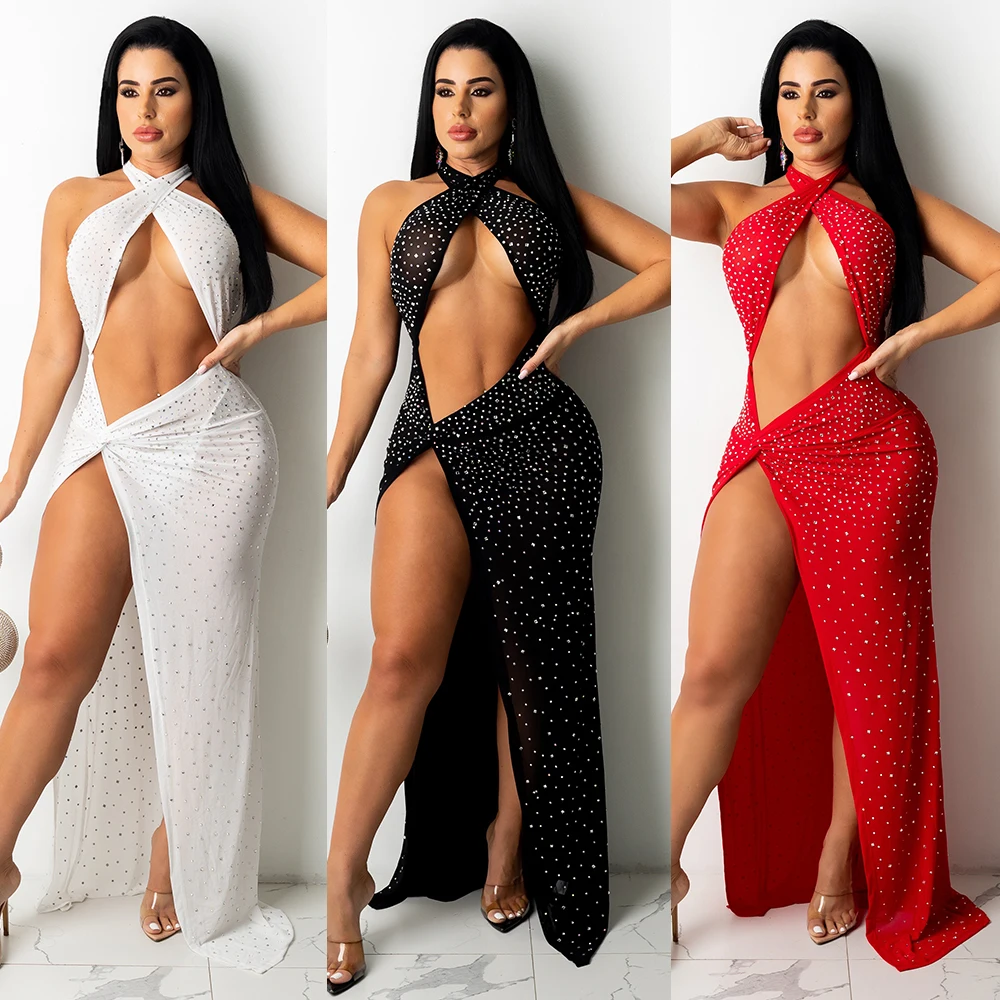 

2021 Women's Fashion Autumn New Silver Hot Bead Sexy Neckline Dress Bare Back Revealing Abdomen High Slit Solid Color Floor Skir