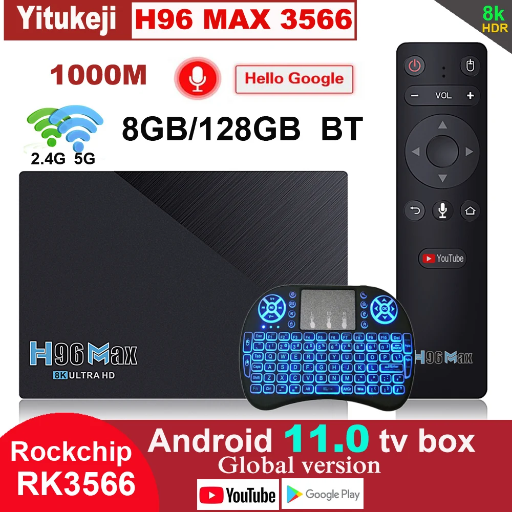 

8GB RAM 128GB 64GB 4GB 32GB 1000m Lan 2.4G 5G Wifi BT4.0 1080p 8K Google Play Youtube Smart Android 11.0 TV Box H96 MAX RK3566
