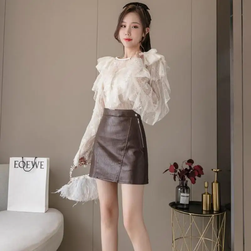 

Новая Осенняя модная женская юбка с высокой талией, кожаные юбки на пуговицах, уличная одежда, повседневные трапециевидные мини-юбки, сексу...