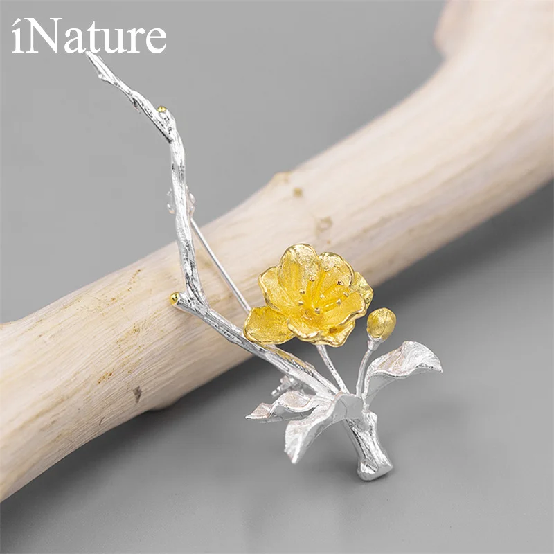 Брошь из серебра 925 пробы в виде цветка и листьев|Украшения для волос броши