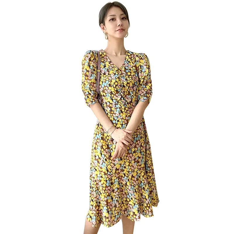 

Shangpin silk dress women's 2021 summer new fashion V-neck short sleeve floral crepe de Chine silk skirt