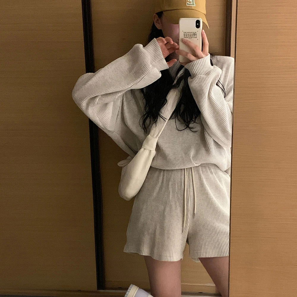 Casual Women Two-piece Suit Outfits 2021 Solid Home Loose Drawstring Shorts 2 Piece Sets Sports Tracksuit |