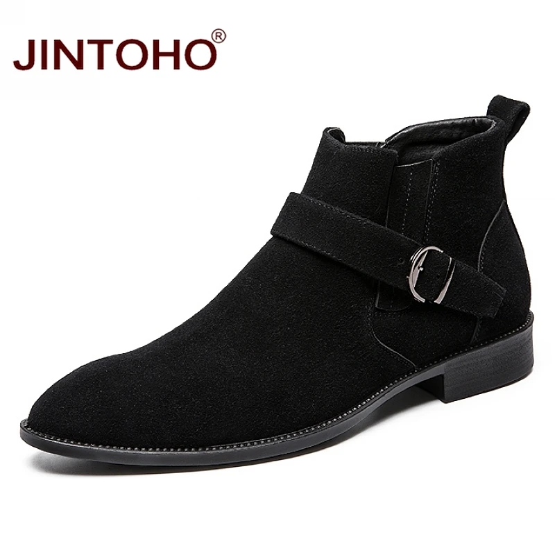 JINTOHO/мужские ботильоны из коровьей замши; модная мужская Рабочая обувь с острым носком; зимние мужские ботинки; повседневные мужские ботинки; недорогие мужские ботинки - Цвет: black