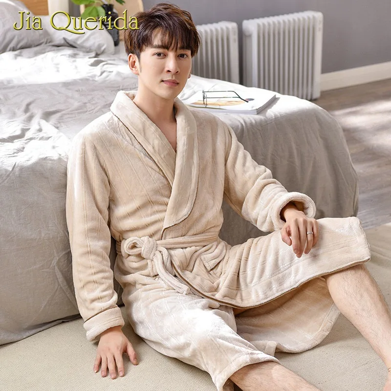 Простой мужской халат с длинным рукавом зимняя теплая фланелевая бежевая