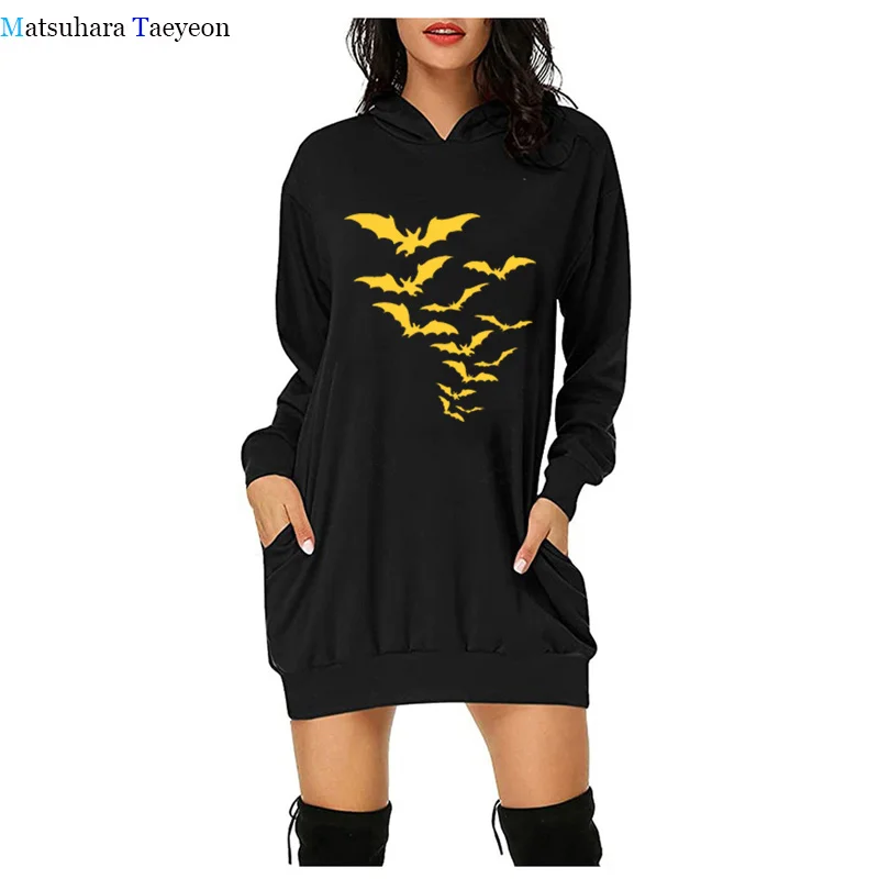 

Women Halloween Long Hoodies Dress Printed Autumn Long Sleeve Hooded Sweatshirts Harajuku Casual Fashion Dresses