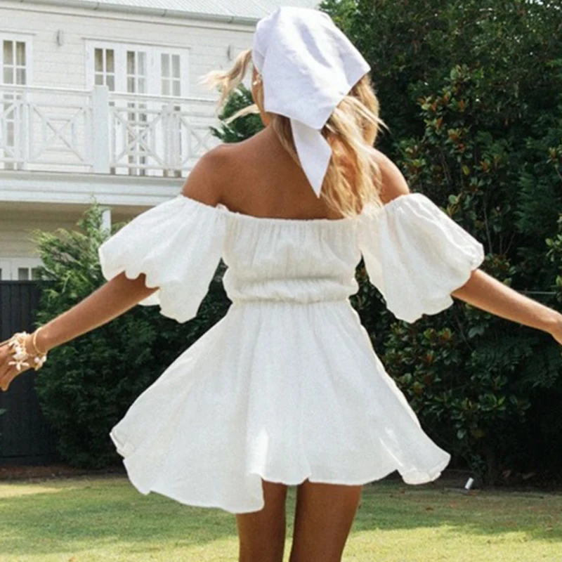 

Sexy retro women's strapless mini dress 2021 summer new style lantern sleeve waist high waist mini dress female beach skirt