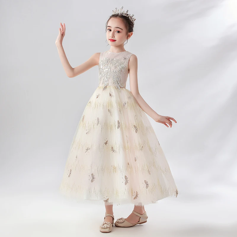 

Children Formal Dresses Long Elegant O-Neck Sleeveless Princess Ball Gown Puffy Tulle Kids Prom Gowns With Butterfly