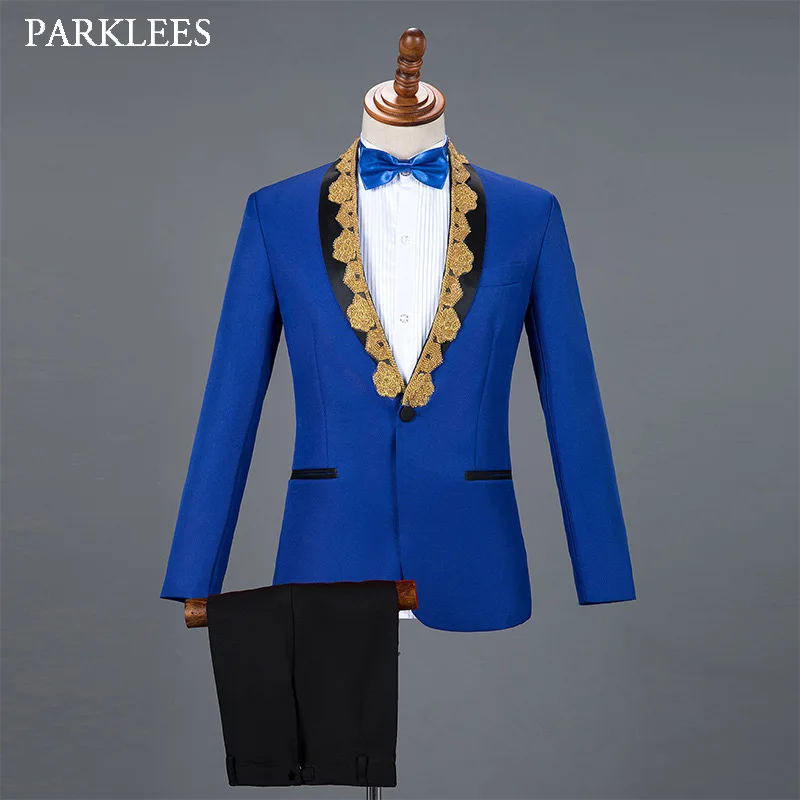 

Мужские Сценические костюмы из 2 предметов, костюмы с брюками, приталенный синий мужской костюм с вышивкой, приталенный сценический костюм ...