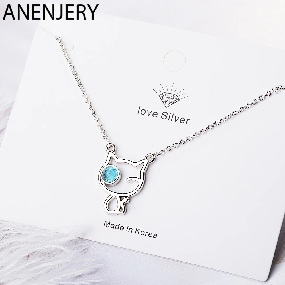 ANENJERY, милое, 925 пробы, серебряное, кошачье ожерелье для женщин, голубой кристалл, глаз, животное, цепочка, ожерелье S-N446