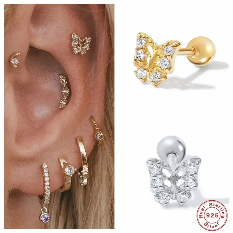 

CANNER 2Pcs Small Cute Zircon Stud Earrings For Women 925 Sterling Silver Eye Shape Pierced Cartilage Earring Jewelry Pendientes