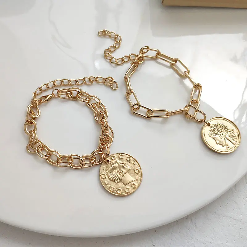 Flatfoosie Charms Multilayers Pearl Coin Chain Bracelet Bangles For Women Fashion Gold Color Portrait Bracelets Femme Jewelry